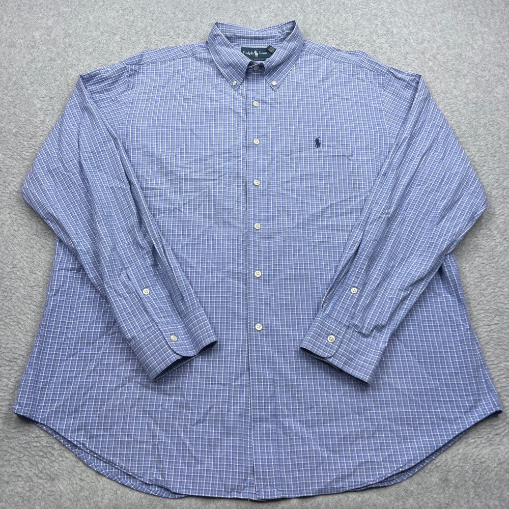 Ralph Lauren Shirt Mens XXL Blue Plaid Classic Fit Long Sleeve Button Up Pony